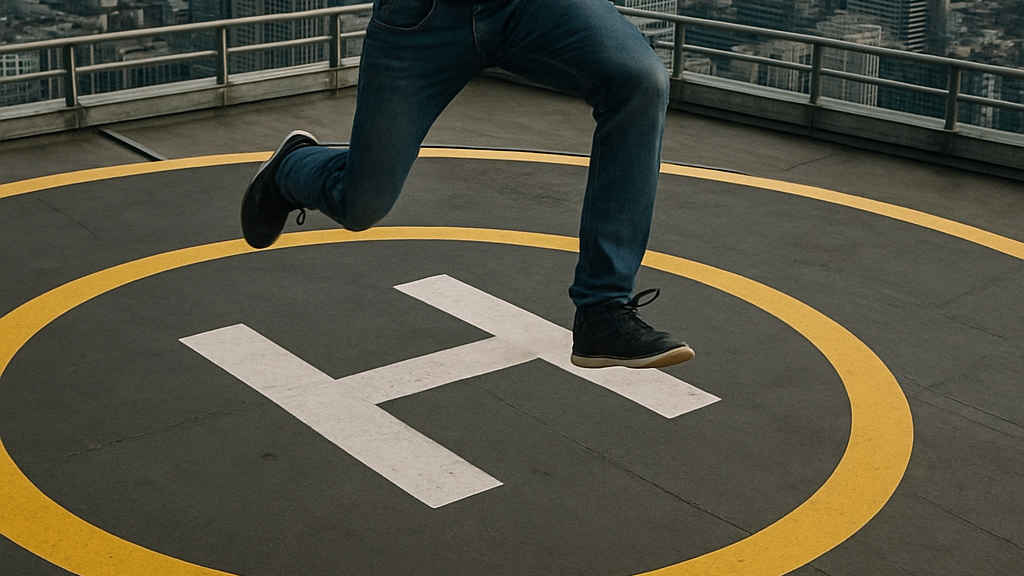 Gambaran orang lompat dari helipad
