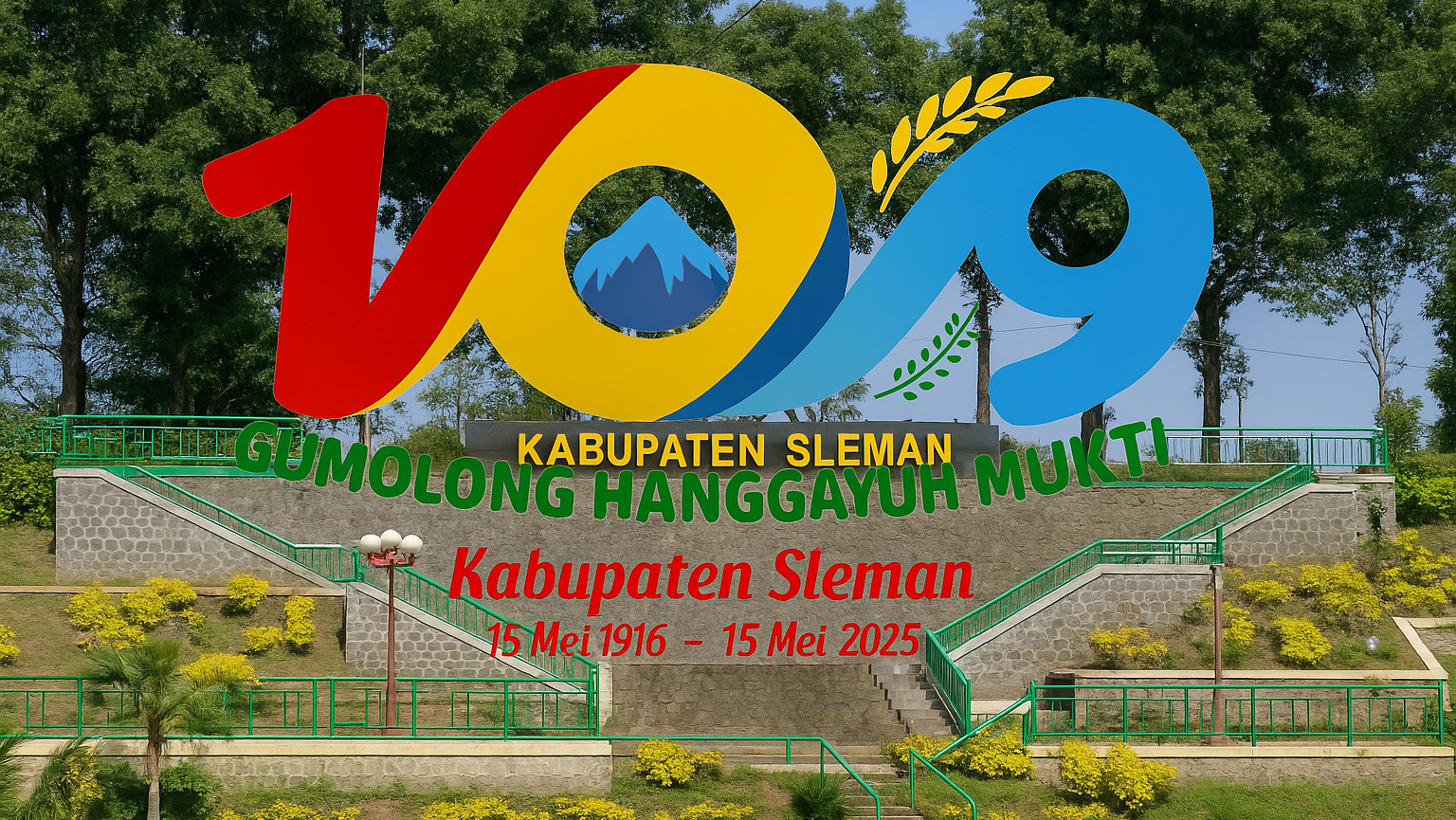 Sebuah tugu peringatan ulang tahun ke-109 Kabupaten Sleman dengan angka "109" berwarna merah, kuning, dan biru serta elemen gunung, padi, dan kapas. Terpampang tulisan "Gumolong Hanggayuh Mukti" dan tanggal 15 Mei 1916 – 15 Mei 2025, berlatar taman hijau dan tangga batu bertingkat.