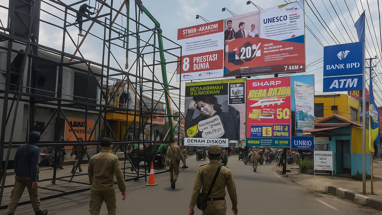 Beberapa petugas keamanan berjalan di jalan raya di samping struktur besi besar untuk pemasangan reklame, dengan latar belakang sejumlah papan iklan warna-warni dan gedung-gedung di sekitarnya.