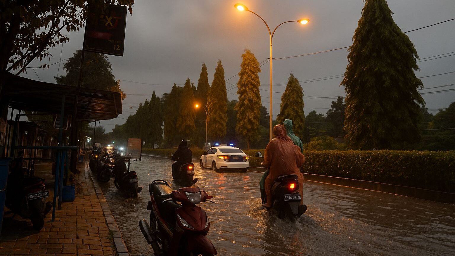 Sejumlah pengendara motor menerobos banjir di jalan yang tergenang air saat hujan deras, dengan latar lampu jalan menyala dan suasana sore yang mendung.