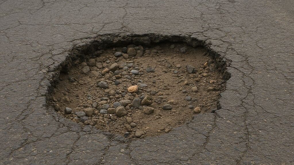 Lubang besar di permukaan jalan aspal dengan batu dan tanah terlihat di dalamnya, berada di tengah jalur lalu lintas jalan raya yang sepi dengan pepohonan di sisi kanan dan kiri.